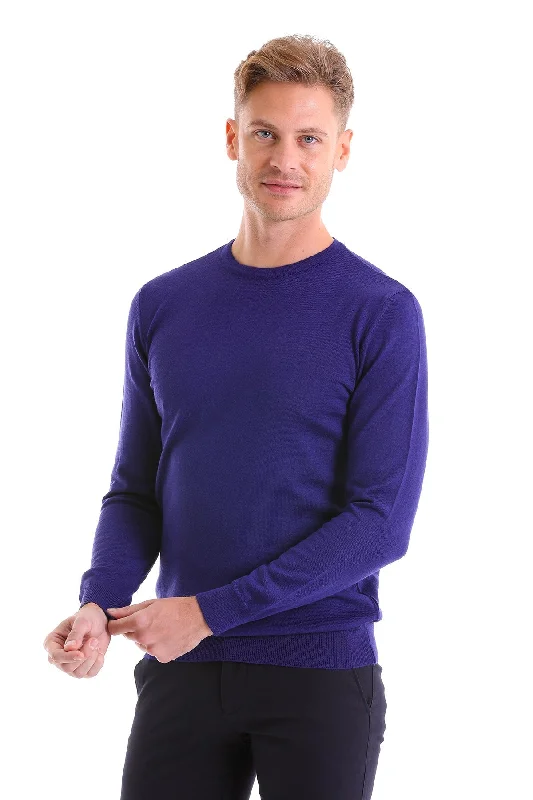 While Supplies Last Comfort Fit Wool Blend Sax Blue Crewneck Sweater