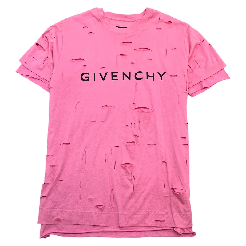 New Deal Men's Oversized Distressed Logo Print T-Shirt Pink Size XS