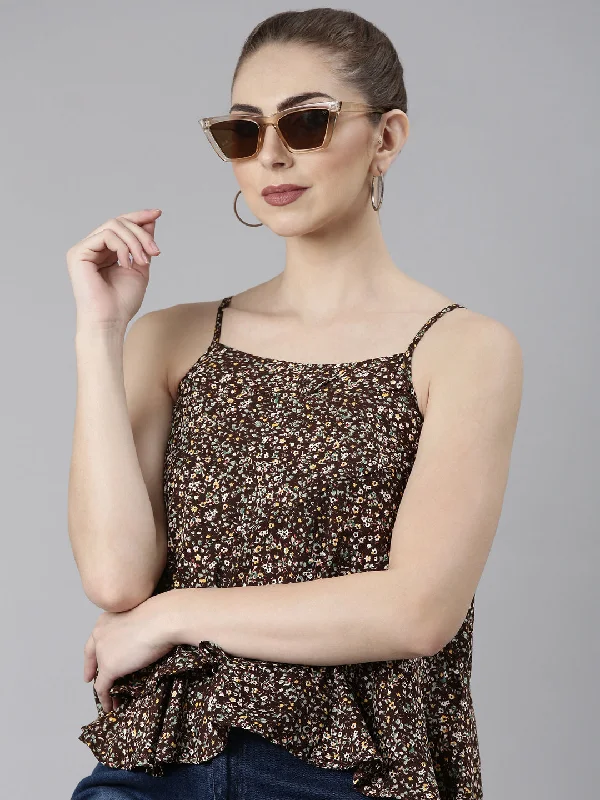 Deal of the Day Women Brown Floral Tiered Top