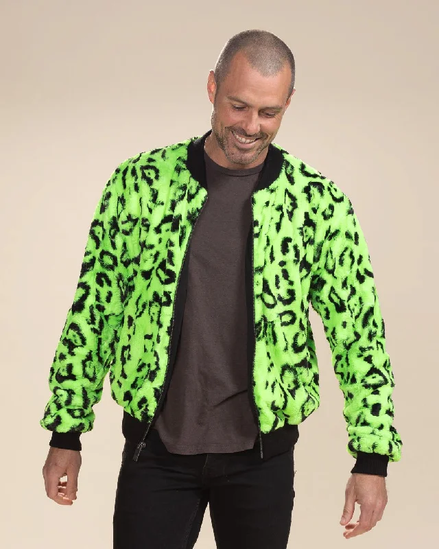 Weekend Bargains to Sizzle Men's Colorful Faux Fur Jacket | Neon Green Leopard