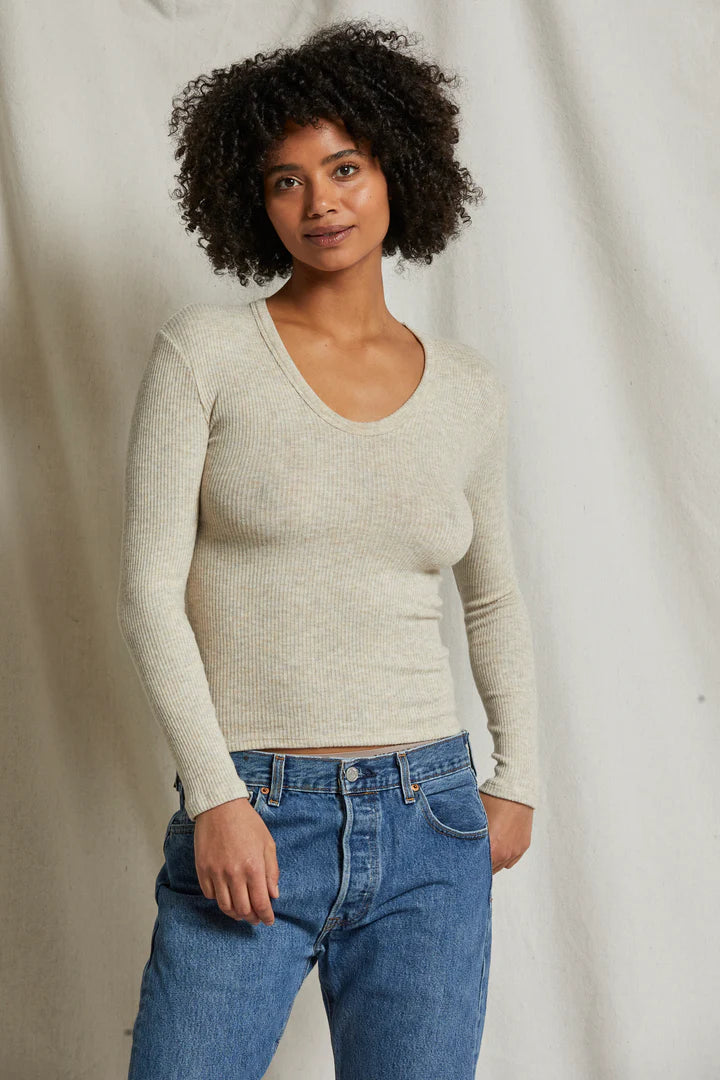Weekend Steals Await Whitney Rib U Neck Long Sleeve Sweater - Oatmeal
