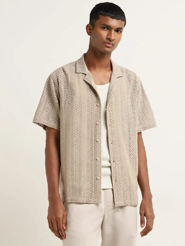 Weekend Steals Await ETA Dark Taupe Knit-Textured Relaxed-Fit Cotton Shirt