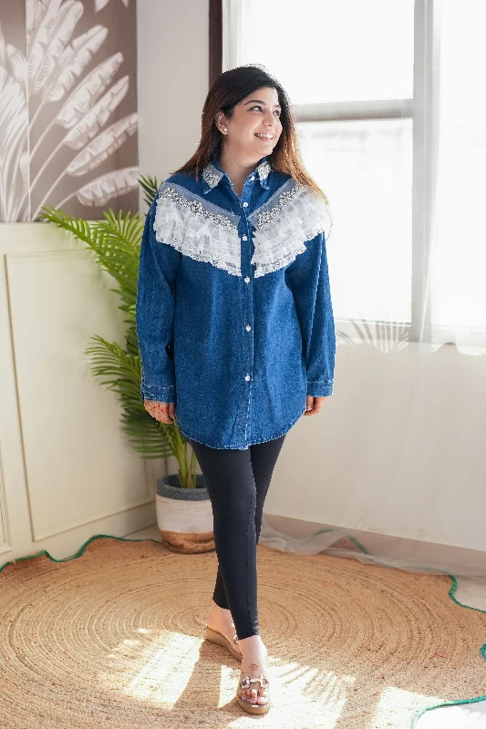 Year-End Deals Luxe Denim Crystal Embellished Shirt