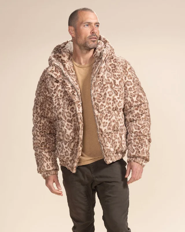 Weekend Discounts to Grab Classic Men's Puffer Jacket With Hood | Tan Leopard