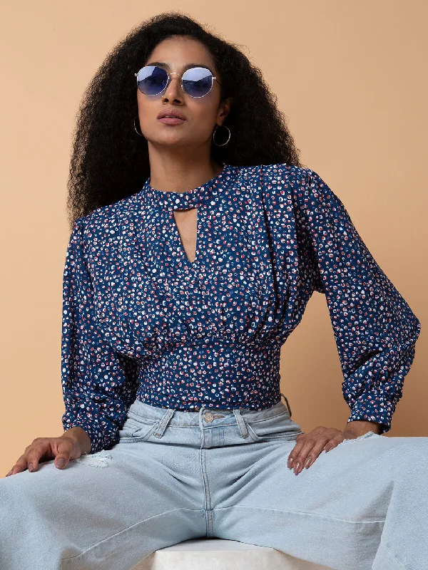 Weekend Offers That Tempt Women Abstract Navy Blue Blouson Top