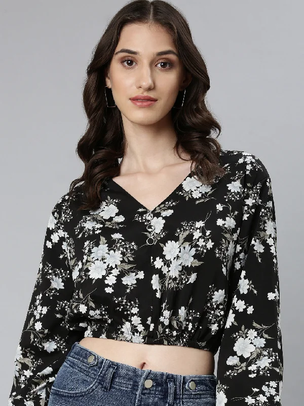 Your Weekend, Your Savings Women Black Floral Blouson Crop Top