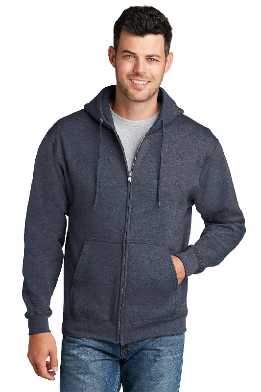 Weekend Offers You Can't Ignore Port & Company Mens Core Pill Resistant Fleece Full Zip Hooded Sweatshirt Hoodie w/ Pockets - Heather Navy Blue