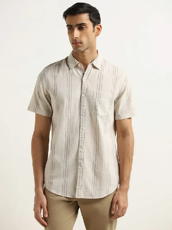 Today's Special WES Casuals Beige Striped Slim-Fit Cotton Shirt