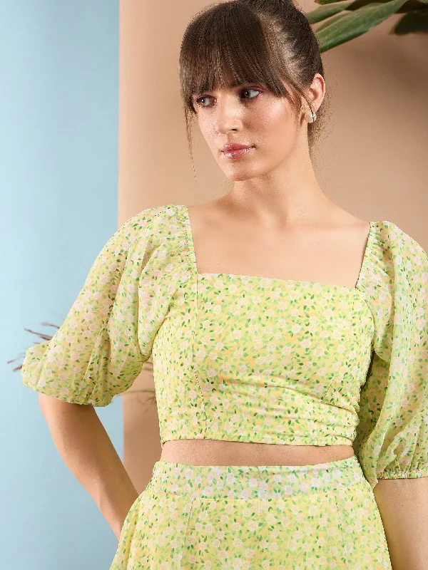 Weekend Deals That Dazzle Women Lime Yellow Ditsy Floral Puff Sleeves Crop Top