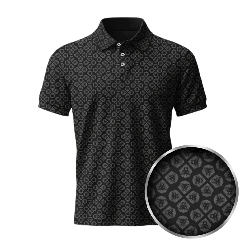 Savings Galore Lion Shield Black & Grey Pattern Print Short Sleeve Polo (Classic Fit)
