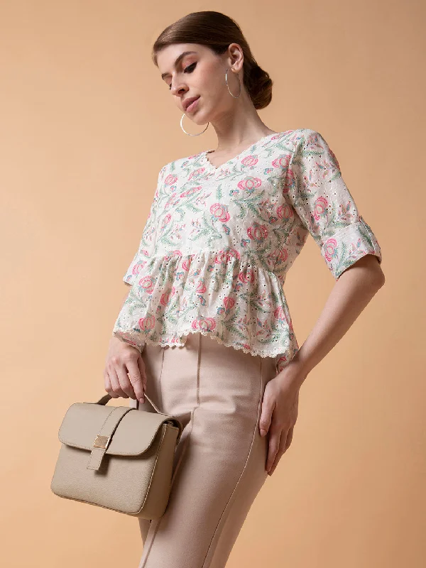Big Deal Women Floral Off White A-Line Schiffli Top