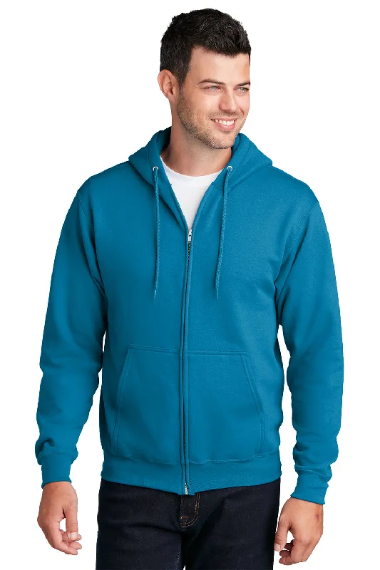 Weekend Steals Await Port & Company Mens Core Pill Resistant Fleece Full Zip Hooded Sweatshirt Hoodie w/ Pockets - Neon Blue