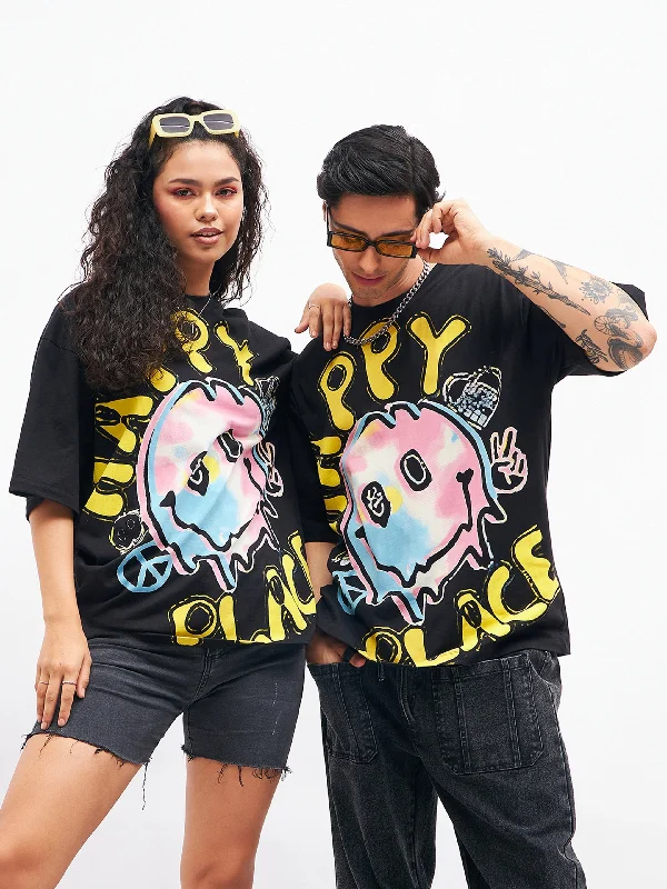Mega Discount Unisex Black HAPPY PLACE Oversized T-Shirt