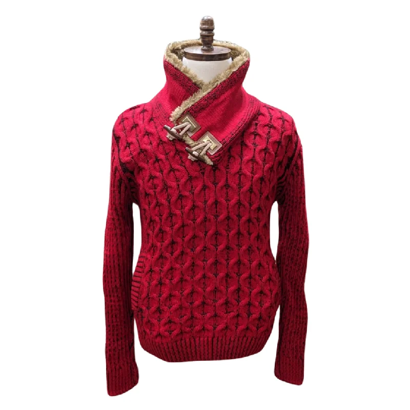 Markdowns Young Republic Solid Red Cotton Blend Shawl Neck Aran Sweater with Faux Fur Collar