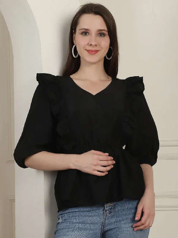 Limited Supply Black Solid Women's Top With Frills