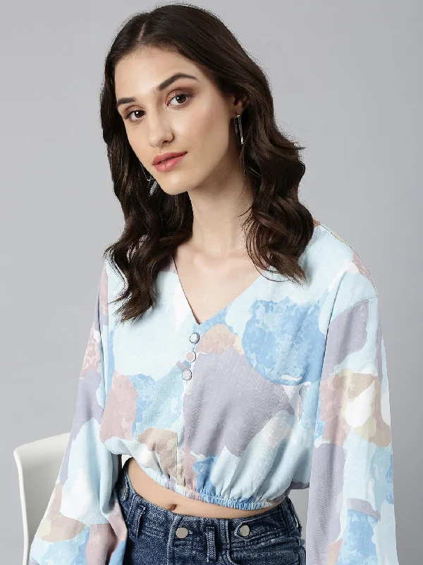 Weekend Savings Delight Women Blue Printed Blouson Crop Top