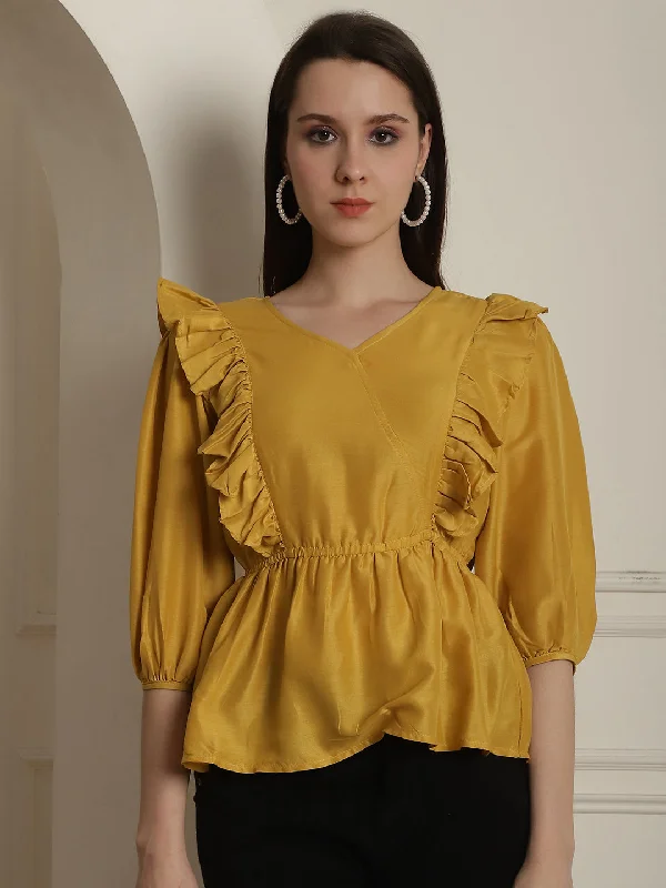 Deal of the Day Black Solid Women's Top With Frills
