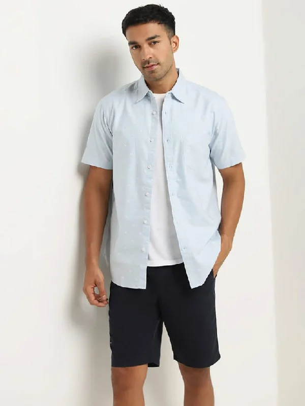 One-Day Only WES Casuals Light Blue Printed Relaxed-Fit Cotton Shirt