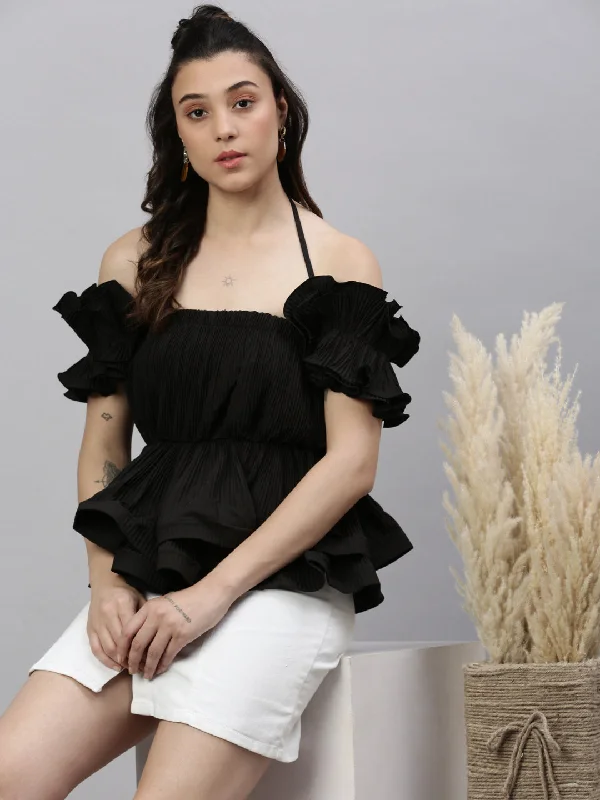 Weekend Shopping Bliss Women Solid Black Cinched Waist Top