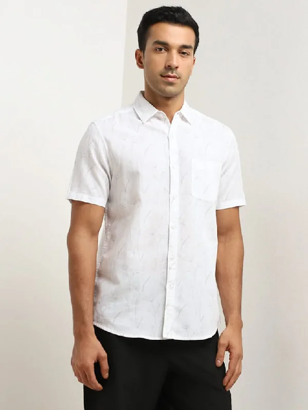 Weekend Deals That Impress WES Casuals White Leaf Print Blended Linen Slim-Fit Shirt