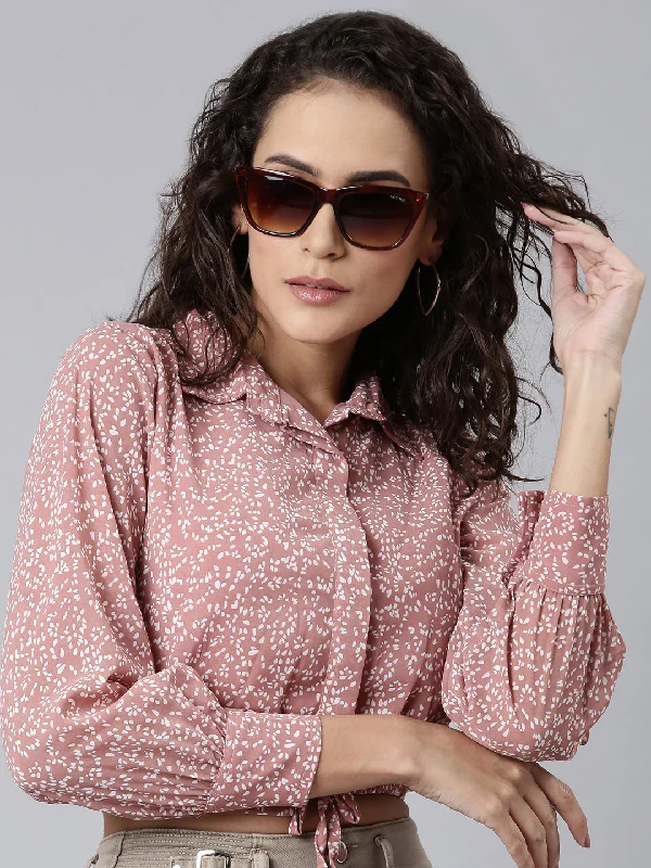Weekend Savings Spectacular Women Mauve Printed Shirt StyleCrop Top
