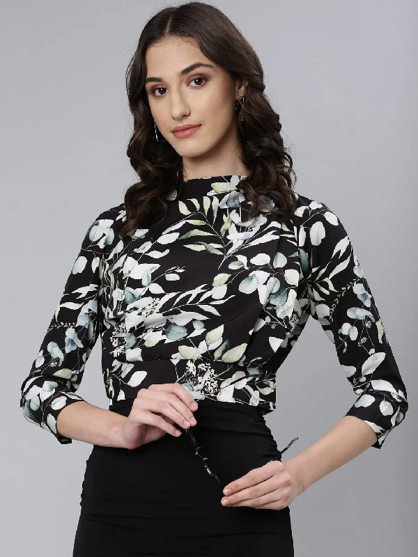 Weekend Sale: Don't Miss Out Women Black Floral Blouson Top