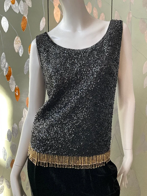 Weekend Specials to Snag Vintage 1960s Black Sequin and Beaded Fringe Shimmy Top, Medium