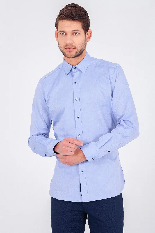 Weekend Discounts You Deserve Slim Fit Plain Long Sleeve Cotton Blue Casual Shirt