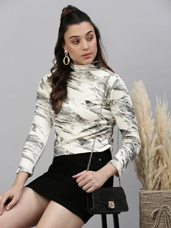 Weekend Sale: Don't Miss Out Women Abstract Cream Fitted Top