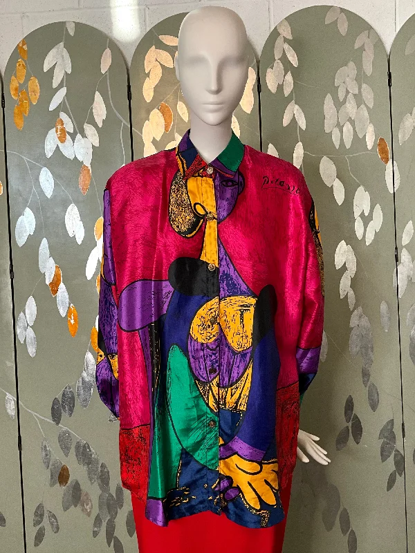 Weekend Savings Spree Vintage 1980s Pink Picasso Face Print Satin Button Up Shirt, L-XL