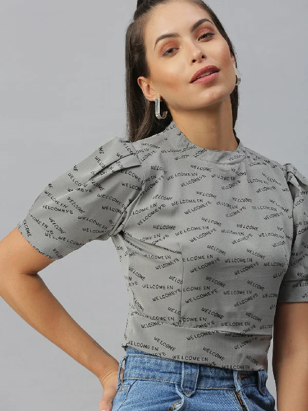 Early Access Women Printed Grey Cinched Waist Top