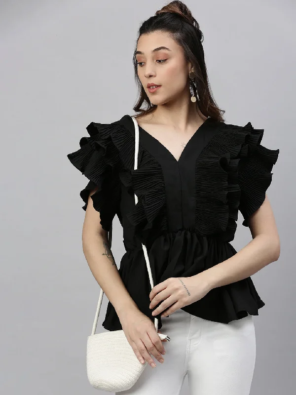 Weekend Savings Spectacular Women Solid Black Cinched Waist Top