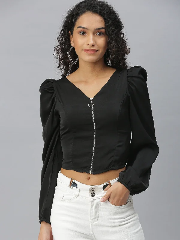 Super Discount Women V-Neck Solid Black Fitted Top