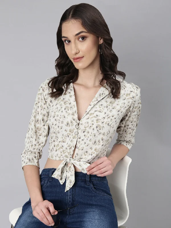 Super Bargain Women Off White Printed Blouson Crop Top