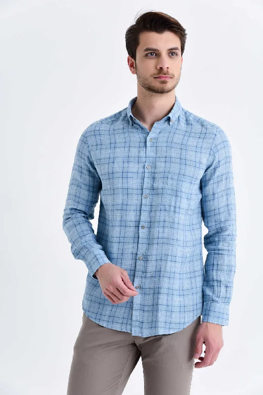 Weekend Offers That Please Slim Fit Long Sleeve Plaid Linen Blue Casual Shirt
