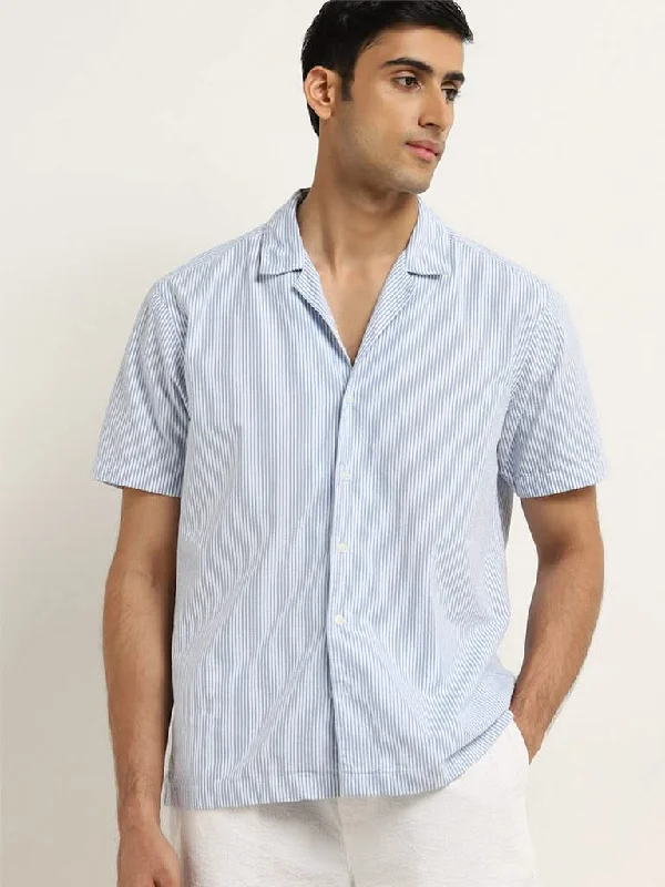 Weekend Discounts to Love WES Casuals Blue Striped Design Relaxed-Fit Cotton Shirt