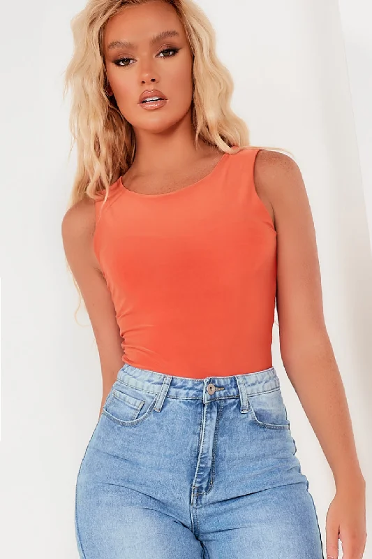 Weekend Offers That Shine Quinn Bright Orange Sleeveless Slinky Bodysuit
