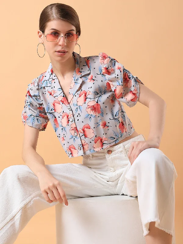 Weekend Deal Women Floral Grey Blouson Crop Top