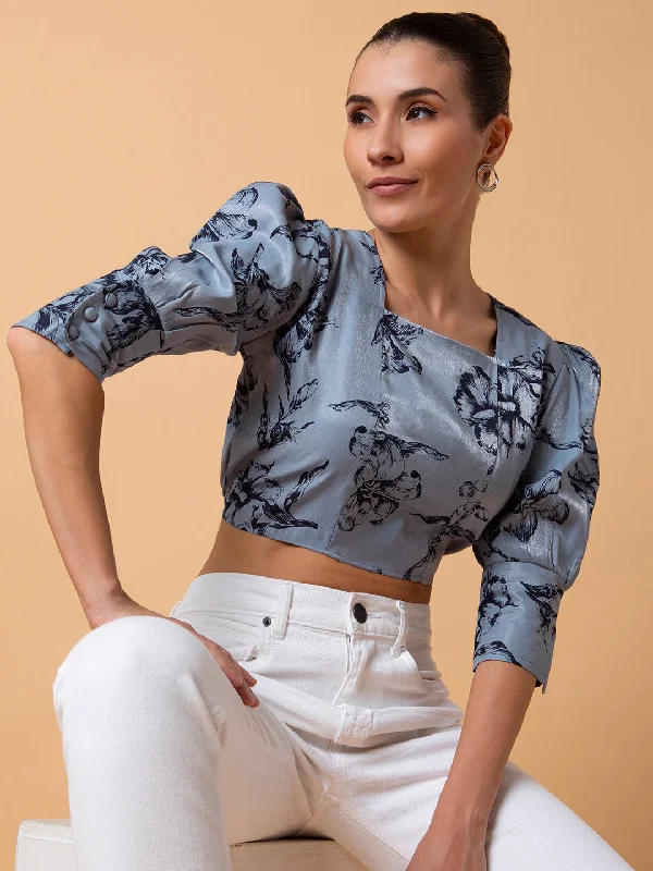 New Deal Women Floral Grey Blouson Crop Top