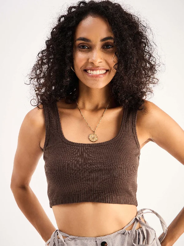 Weekend Deals to Make You Smile Women Brown Rib Square Neck Cropped Tank Top