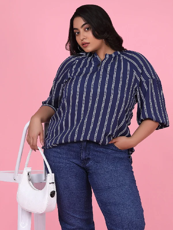 Time-Sensitive Women Striped Navy Blue Top
