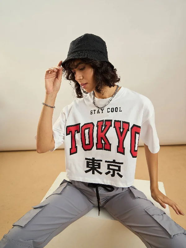 Stock Up Women White TOKYO Printed Crop T-shirt
