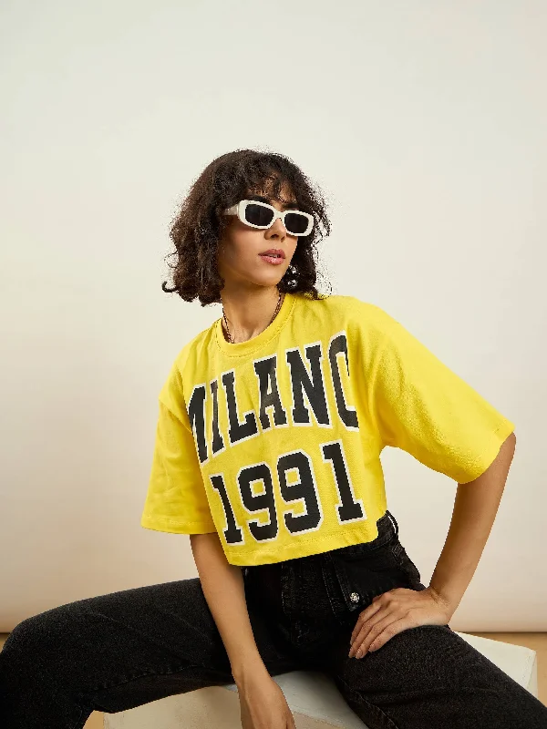 Weekend Savings Bonanza Women Yellow MILANO 1991 Printed Crop T-shirt
