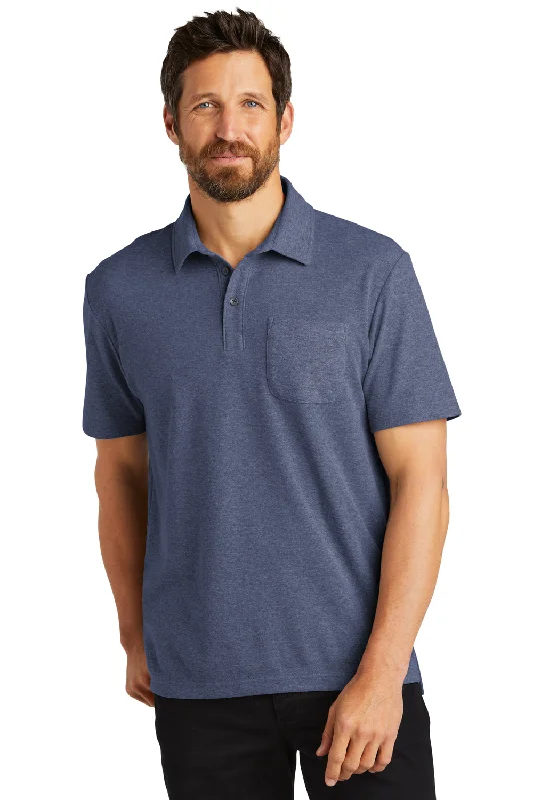 Exclusive Preview Port Authority Mens C-FREE Pique Short Sleeve Polo Shirt w/ Pocket - Heather Navy Blue