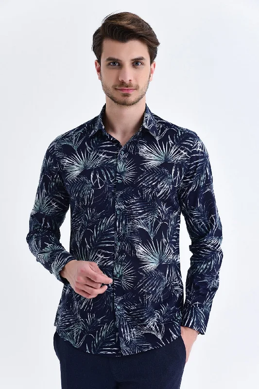Weekend Offers That Please Slim Fit Long Sleeve Printed Cotton Casual Shirt, Navy B.