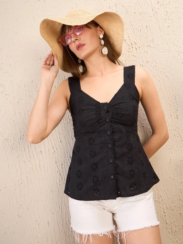 Weekend Discounts to Love Women Black Schiffli Front Button Top