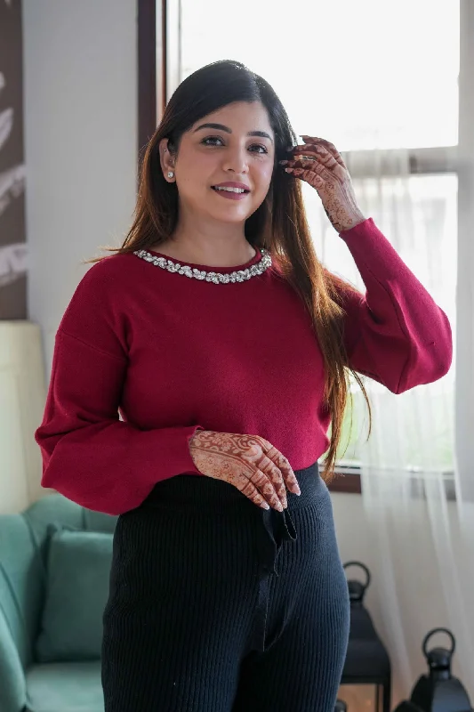 Weekend Bargains to Grab Fresha Red Crystal Embellished Knitted Top