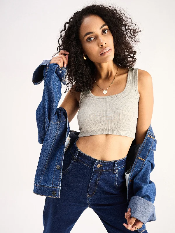 Weekend Specials Just for You Women Grey Rib Square Neck Cropped Tank Top