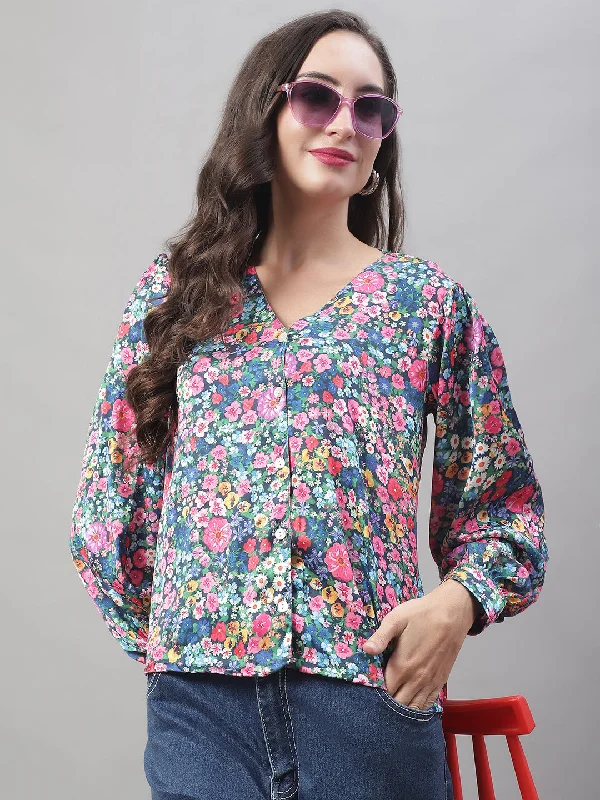 Weekend Savings Galore Women Blue Printed Shirt Style Top