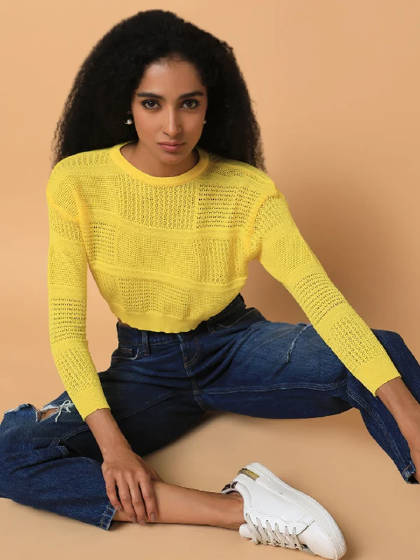 Weekend Deals That Sparkle Women Solid Yellow Crochet Crop Top